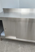Stainless steel workbench with sliding doors front view

Restaurant prep table with built-in storage

Commercial kitchen stainless steel workbench

Side view of sliding door stainless work table

Heavy-duty garage workbench with stainless cabinet