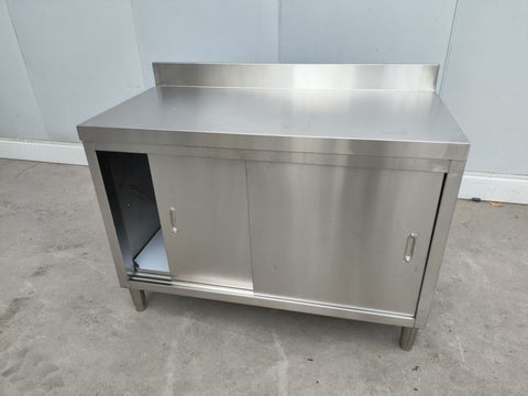 Stainless steel workbench with sliding doors front view

Restaurant prep table with built-in storage

Commercial kitchen stainless steel workbench

Side view of sliding door stainless work table

Heavy-duty garage workbench with stainless cabinet