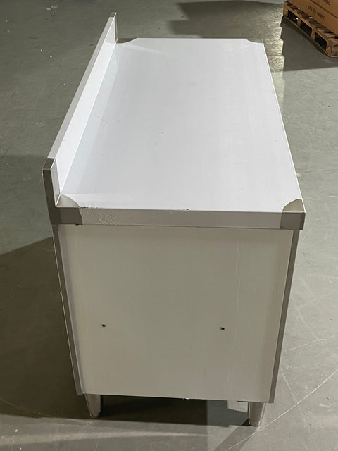 Stainless steel workbench with sliding doors front view

Restaurant prep table with built-in storage

Commercial kitchen stainless steel workbench

Side view of sliding door stainless work table

Heavy-duty garage workbench with stainless cabinet