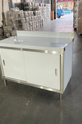 Stainless steel workbench with sliding doors front view

Restaurant prep table with built-in storage

Commercial kitchen stainless steel workbench

Side view of sliding door stainless work table

Heavy-duty garage workbench with stainless cabinet