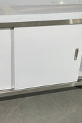 Stainless steel workbench with sliding doors front view

Restaurant prep table with built-in storage

Commercial kitchen stainless steel workbench

Side view of sliding door stainless work table

Heavy-duty garage workbench with stainless cabinet