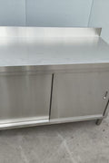 Stainless steel workbench with sliding doors front view

Restaurant prep table with built-in storage

Commercial kitchen stainless steel workbench

Side view of sliding door stainless work table

Heavy-duty garage workbench with stainless cabinet