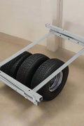 Steel wall-mounted folding tire and wheel storage rack – 300 lb capacity – adjustable width