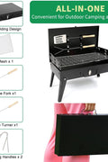 Portable suitcase-style BBQ grill folded open

Compact charcoal grill for travel and camping

Portable BBQ with meat and vegetables on the grill

Folding grill shown in backyard setup

BBQ grill packed for outdoor picnic