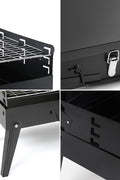 Portable suitcase-style BBQ grill folded open

Compact charcoal grill for travel and camping

Portable BBQ with meat and vegetables on the grill

Folding grill shown in backyard setup

BBQ grill packed for outdoor picnic