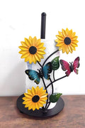 Sunflower and butterfly paper towel holder with floral iron frame – decorative kitchen countertop accessory