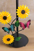 Sunflower and butterfly paper towel holder with floral iron frame – decorative kitchen countertop accessory