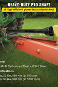Yellow Series 4 PTO shaft with 6-spline ends and safety cover – isolated view
Diagram showing PTO shaft specs and torque performance
PTO shaft installed on orange tractor with mower attachment
Detailed view of 6-spline and round-end connectors on PTO shaft
