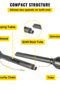 Yellow Series 4 PTO shaft with 6-spline ends and safety cover – isolated view
Diagram showing PTO shaft specs and torque performance
PTO shaft installed on orange tractor with mower attachment
Detailed view of 6-spline and round-end connectors on PTO shaft