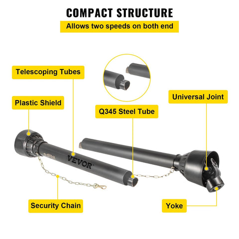 Yellow Series 4 PTO shaft with 6-spline ends and safety cover – isolated view
Diagram showing PTO shaft specs and torque performance
PTO shaft installed on orange tractor with mower attachment
Detailed view of 6-spline and round-end connectors on PTO shaft