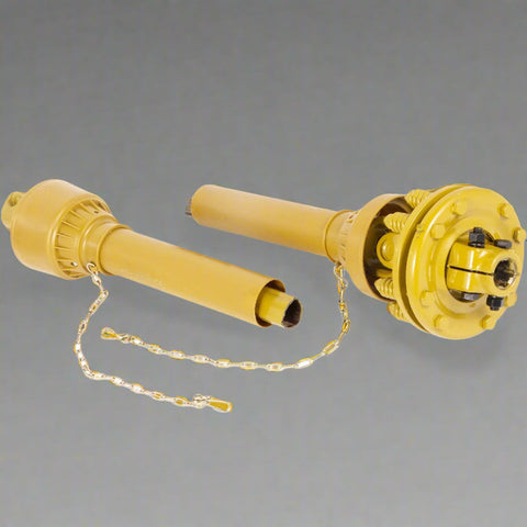 Yellow Series 4 PTO shaft with 6-spline ends and safety cover – isolated view
Diagram showing PTO shaft specs and torque performance
PTO shaft installed on orange tractor with mower attachment
Detailed view of 6-spline and round-end connectors on PTO shaft