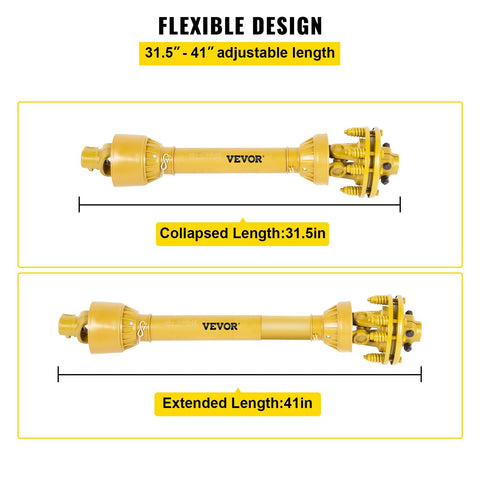 Yellow Series 4 PTO shaft with 6-spline ends and safety cover – isolated view
Diagram showing PTO shaft specs and torque performance
PTO shaft installed on orange tractor with mower attachment
Detailed view of 6-spline and round-end connectors on PTO shaft