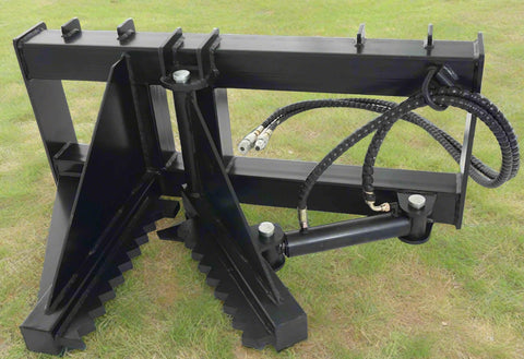 Tree and fence post puller attached to a skid steer
Side view of post puller showing steel jaws and hydraulic cylinder
Top-down view of post puller with open clamp
Puller in action removing small tree from ground
Compact and rugged post puller for skid steer