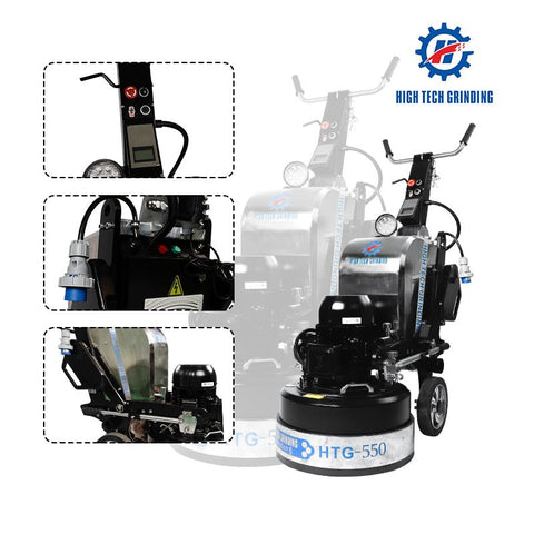 HTG-550 floor grinder front angle

Planetary concrete grinder industrial use

HTG grinder with dust shroud and handles

Concrete floor polishing machine

Three-head floor surface grinder HTG-550