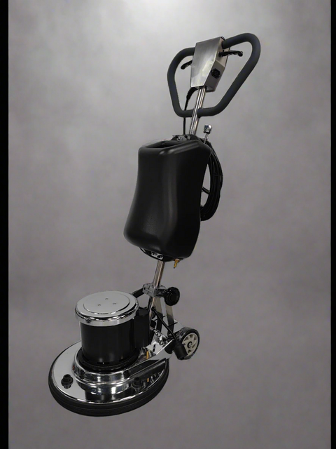 Walk-behind floor cleaning and polishing machine with black pad

Top view of floor buffer with integrated water tank

Aluminum pad drive for commercial polisher

Control panel and handle for walk-behind operation

Cleaning accessories included with machine