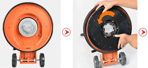 Walk-behind floor cleaning and polishing machine with black pad

Top view of floor buffer with integrated water tank

Aluminum pad drive for commercial polisher

Control panel and handle for walk-behind operation

Cleaning accessories included with machine