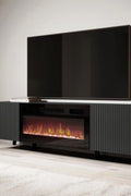 "Modern wall-mounted TV stand with fireplace insert"

"Gloss black and white floating TV unit with LED fireplace"

"31.5-inch electric fireplace built into media console"

"Sleek wall-mounted entertainment unit for 80-inch TV"