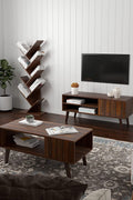 Walnut 8-tier vertical bookshelf with tree-like design

Angled Close-Up: Close-up view of wooden shelf layers and grain texture

Full Shelf with Books: Bookcase filled with books in a home setting

Shelf in Living Room: Walnut bookcase placed in a modern living room

Shelf in Bedroom: Compact wooden bookcase next to bed and décor items