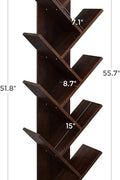 Walnut 8-tier vertical bookshelf with tree-like design

Angled Close-Up: Close-up view of wooden shelf layers and grain texture

Full Shelf with Books: Bookcase filled with books in a home setting

Shelf in Living Room: Walnut bookcase placed in a modern living room

Shelf in Bedroom: Compact wooden bookcase next to bed and décor items