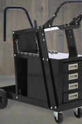 Heavy-duty 4-drawer welding cart for MIG welder and plasma cutter
Welding tool trolley with black steel frame and cylinder holders
Portable welding storage cart with lockable drawers
Industrial welder cart with drawer compartments and wheels