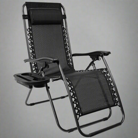 Zero Gravity Recliner Chair – Black Outdoor Folding Seat

Foldable Recliner Chair for Camping & Patios

Side View of Adjustable Outdoor Lounge Chair

Reclining Position Display – Zero Gravity Outdoor Chair

Compact Folded Recliner Chair – Easy to Transport

Weather-Resistant Mesh Lounge Chair – Zero Gravity Design
