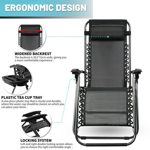 Zero Gravity Recliner Chair – Black Outdoor Folding Seat

Foldable Recliner Chair for Camping & Patios

Side View of Adjustable Outdoor Lounge Chair

Reclining Position Display – Zero Gravity Outdoor Chair

Compact Folded Recliner Chair – Easy to Transport

Weather-Resistant Mesh Lounge Chair – Zero Gravity Design