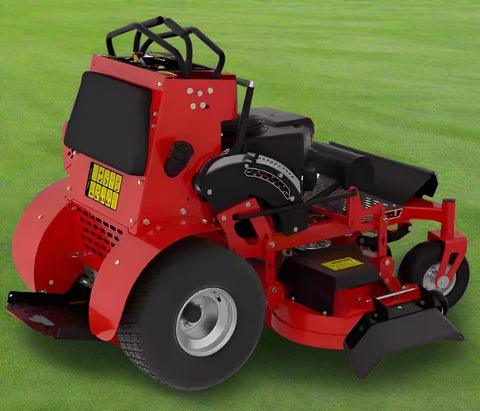 Zero-turn stand-on mower with 42 inch fabricated deck and grass catcher
Rear view of commercial red stand-on mower with LED bar
Side profile of 24 HP mower for lawn maintenance
Top view of riding mower showing fuel tank and controls