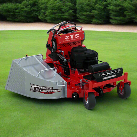 Zero-turn stand-on mower with 42 inch fabricated deck and grass catcher
Rear view of commercial red stand-on mower with LED bar
Side profile of 24 HP mower for lawn maintenance
Top view of riding mower showing fuel tank and controls