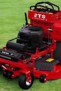 Zero-turn stand-on mower with 42 inch fabricated deck and grass catcher
Rear view of commercial red stand-on mower with LED bar
Side profile of 24 HP mower for lawn maintenance
Top view of riding mower showing fuel tank and controls