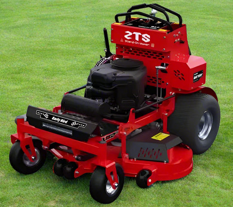 Zero-turn stand-on mower with 42 inch fabricated deck and grass catcher
Rear view of commercial red stand-on mower with LED bar
Side profile of 24 HP mower for lawn maintenance
Top view of riding mower showing fuel tank and controls
