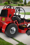 Zero-turn stand-on mower with 42 inch fabricated deck and grass catcher
Rear view of commercial red stand-on mower with LED bar
Side profile of 24 HP mower for lawn maintenance
Top view of riding mower showing fuel tank and controls