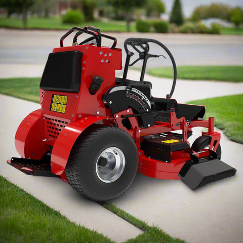 Zero-turn stand-on mower with 42 inch fabricated deck and grass catcher
Rear view of commercial red stand-on mower with LED bar
Side profile of 24 HP mower for lawn maintenance
Top view of riding mower showing fuel tank and controls
