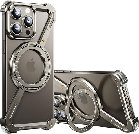 OATSBASF Minimalist Phone Case Compatible with iPhone 15 Pro Max 6.7", 360° Rotation Kickstand Aluminum Metal Frameless Design Bumper Z Case, Protective Shock Grade Shell, Natural Titanium - with | Sold by Uncle Wiener's Wholesale