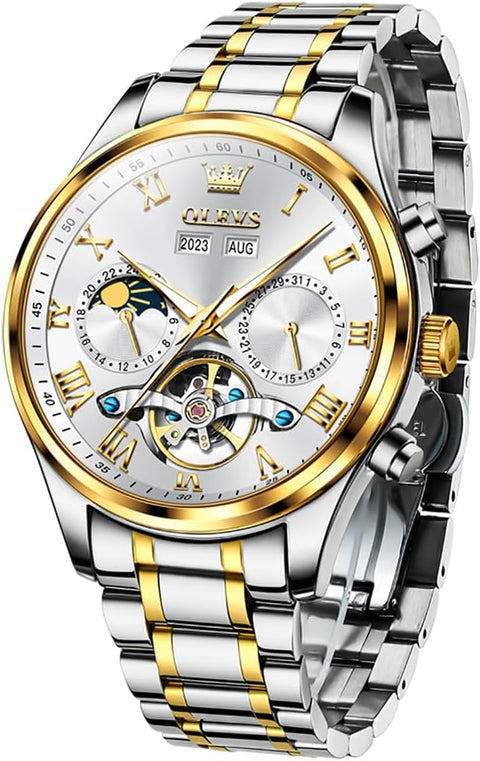 OLEVS Automatic Men Watch Self Winding Mechanical Moon Phase Business Luxury Diamond Dress Stainless Steel Waterproof Luminous Mens Wrist Watch - with | Sold by Uncle Wiener's Wholesale
