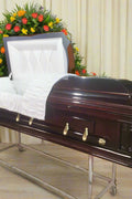 Premium Solid Wood Casket Coffin – High Gloss Finish with Velvet Interior - with Dark Cherry | Sold by Uncle Wiener's Wholesale