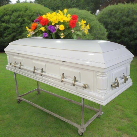 Premium Solid Wood Casket Coffin – High Gloss Finish with Velvet Interior - with White | Sold by Uncle Wiener's Wholesale