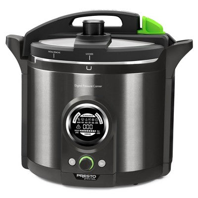 Presto Precise 02144 12 Qt Electric Pressure Canner, Stainless Steel, Black, has a dent, good condition - with Dimensions (Overall): 8.19 inches (H) x 17 inches (W) x 14 inches (D) | Sold by Uncle Wiener's Wholesale