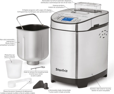 Starfrit Electric Bread Maker - 2lb Loafs - Non - Stick Removable Pan - Automatic Nut Dispenser - 13 Preset Programs - 550W - with | Sold by Uncle Wiener's Wholesale