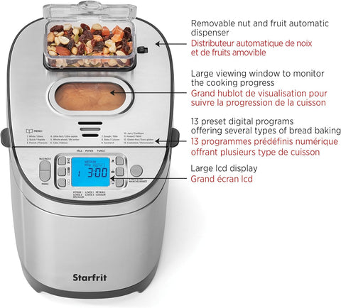 Starfrit Electric Bread Maker - 2lb Loafs - Non - Stick Removable Pan - Automatic Nut Dispenser - 13 Preset Programs - 550W - with | Sold by Uncle Wiener's Wholesale