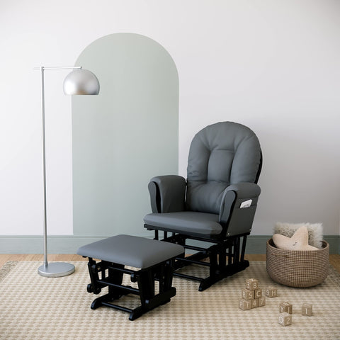 Storkcraft Premium Hoop Glider and Ottoman (Black Base, Gray Cushion) – Padded Cushions with Storage Pocket, Smooth Rocking Motion, Easy to Assemble, Solid Hardwood Base - with Black/Gray | Sold by Uncle Wiener's Wholesale
