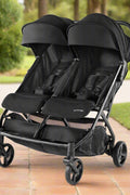 Summer Infant 3Dpac CS+ double stroller in black with car seat compatibility and large canopies
Compact lightweight double stroller with two seats and peekaboo windows
Black twin stroller folded for easy transport
Close-up of stroller seat recline and under-storage basket