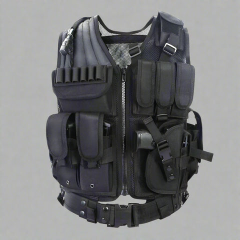 Tactical CS Field Vest – Front view with pouches

MOLLE Combat Vest – Side view with holster

Adjustable Tactical Vest – Laid flat

Camouflage Vest for Outdoor Use – Field-ready look

VT1063 Tactical Vest – Black and Camo color variants