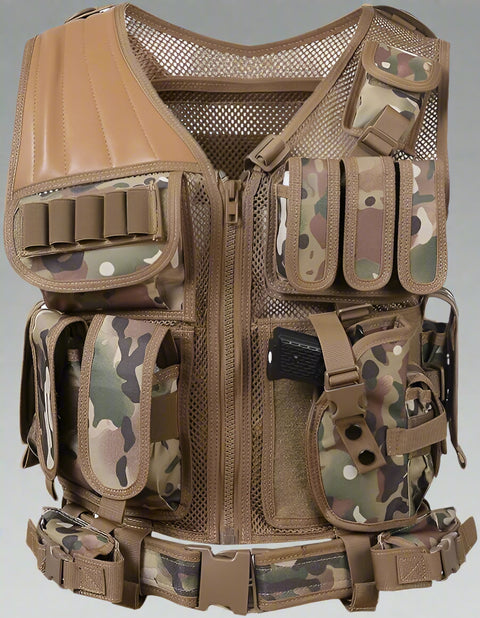 Tactical CS Field Vest – Front view with pouches

MOLLE Combat Vest – Side view with holster

Adjustable Tactical Vest – Laid flat

Camouflage Vest for Outdoor Use – Field-ready look

VT1063 Tactical Vest – Black and Camo color variants