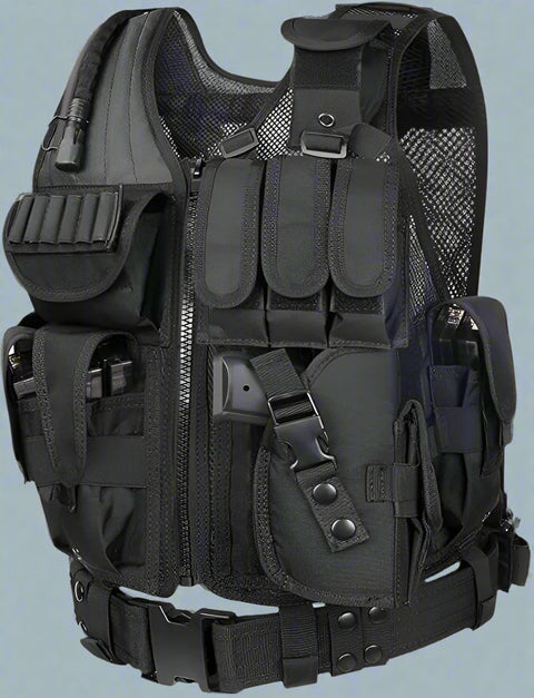 Tactical CS Field Vest – Front view with pouches

MOLLE Combat Vest – Side view with holster

Adjustable Tactical Vest – Laid flat

Camouflage Vest for Outdoor Use – Field-ready look

VT1063 Tactical Vest – Black and Camo color variants