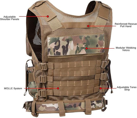 Tactical CS Field Vest – Front view with pouches

MOLLE Combat Vest – Side view with holster

Adjustable Tactical Vest – Laid flat

Camouflage Vest for Outdoor Use – Field-ready look

VT1063 Tactical Vest – Black and Camo color variants