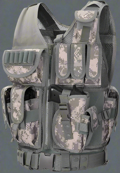 Tactical CS Field Vest – Front view with pouches

MOLLE Combat Vest – Side view with holster

Adjustable Tactical Vest – Laid flat

Camouflage Vest for Outdoor Use – Field-ready look

VT1063 Tactical Vest – Black and Camo color variants