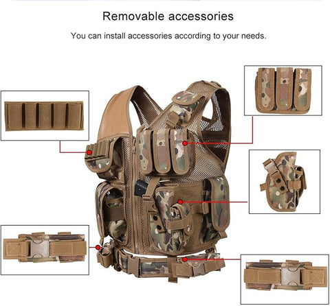 Tactical CS Field Vest – Front view with pouches

MOLLE Combat Vest – Side view with holster

Adjustable Tactical Vest – Laid flat

Camouflage Vest for Outdoor Use – Field-ready look

VT1063 Tactical Vest – Black and Camo color variants