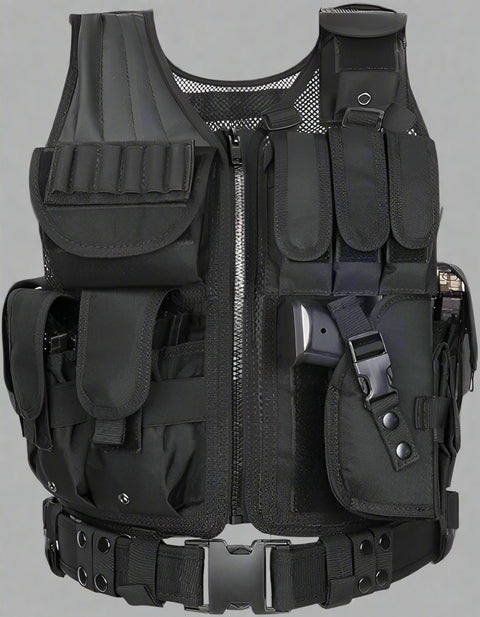 Tactical CS Field Vest – Front view with pouches

MOLLE Combat Vest – Side view with holster

Adjustable Tactical Vest – Laid flat

Camouflage Vest for Outdoor Use – Field-ready look

VT1063 Tactical Vest – Black and Camo color variants