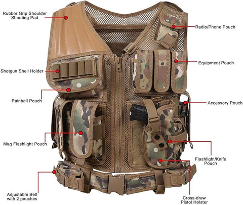 Tactical CS Field Vest – Front view with pouches

MOLLE Combat Vest – Side view with holster

Adjustable Tactical Vest – Laid flat

Camouflage Vest for Outdoor Use – Field-ready look

VT1063 Tactical Vest – Black and Camo color variants