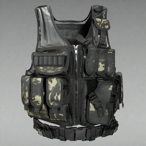 Tactical CS Field Vest – Front view with pouches

MOLLE Combat Vest – Side view with holster

Adjustable Tactical Vest – Laid flat

Camouflage Vest for Outdoor Use – Field-ready look

VT1063 Tactical Vest – Black and Camo color variants